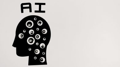 Silhueta de uma cabeça humana preenchida por olhos, em uma representação abstrata da inteligência artificial e da tecnologia.